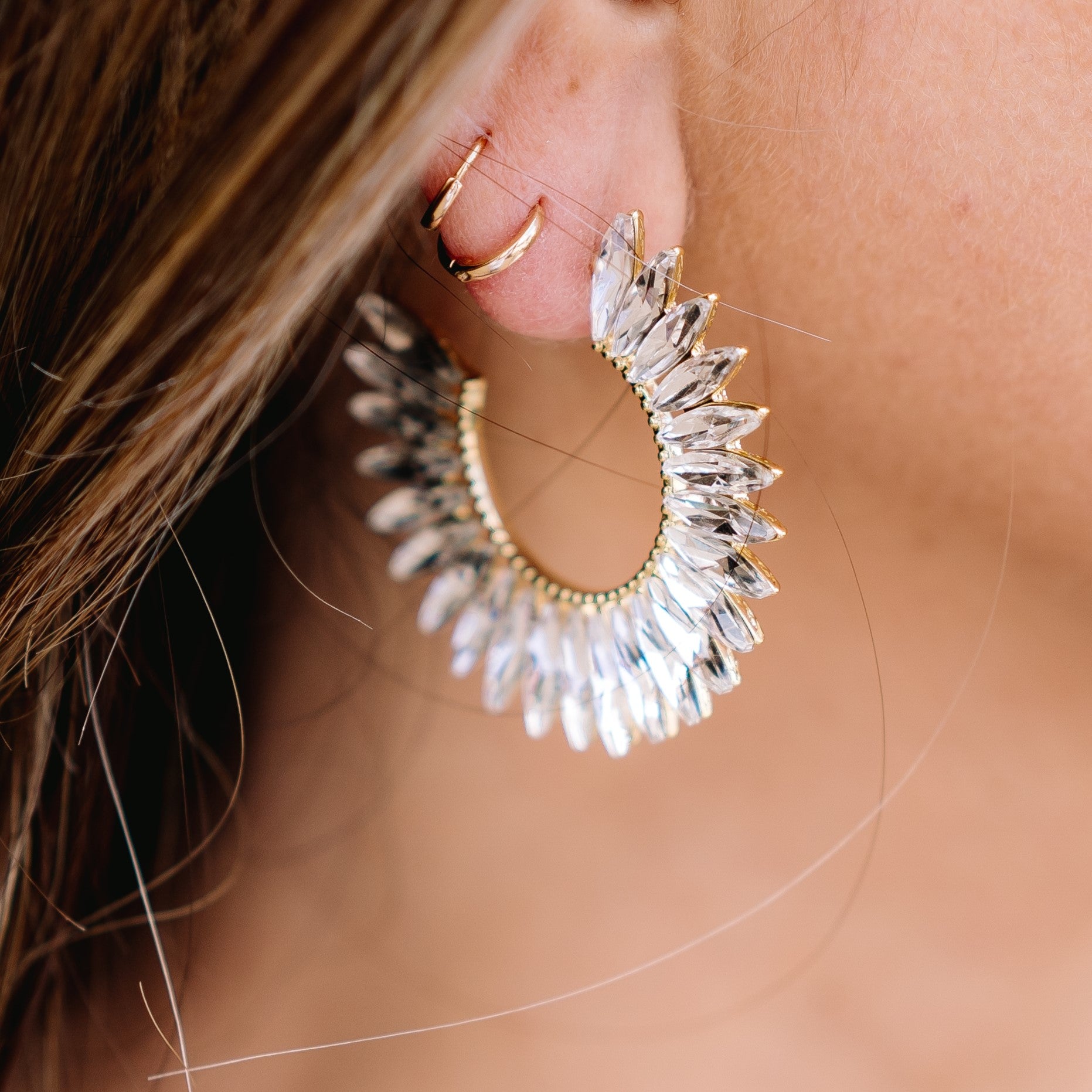 diamond hoops, pointy hoops, fun hoops, gold & diamond hoops, bedazzled hoops, rhinestone hoops, fun accessory piece, bachelorette, nashville, concert, gameday, sorority rush