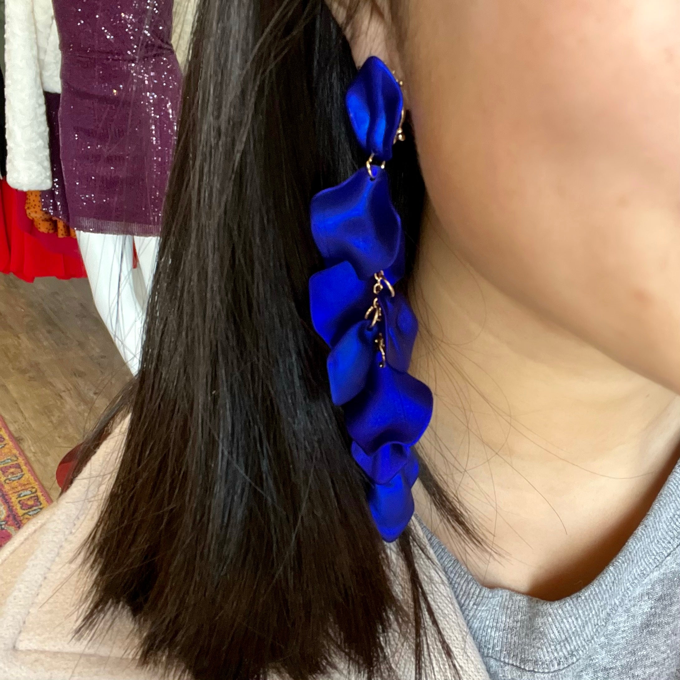 petal earrings, flower petal earrings, dangle earrings, flower dangle earrings, red earrings, pink earrings, blue earrings, colorful earrings, long dangle earrings, statement earrings, prom earrings, homecoming earrings, formal earrings, petal detail earrings, fun spring earrings, fun earrings, yellow earrings, orange earrings 