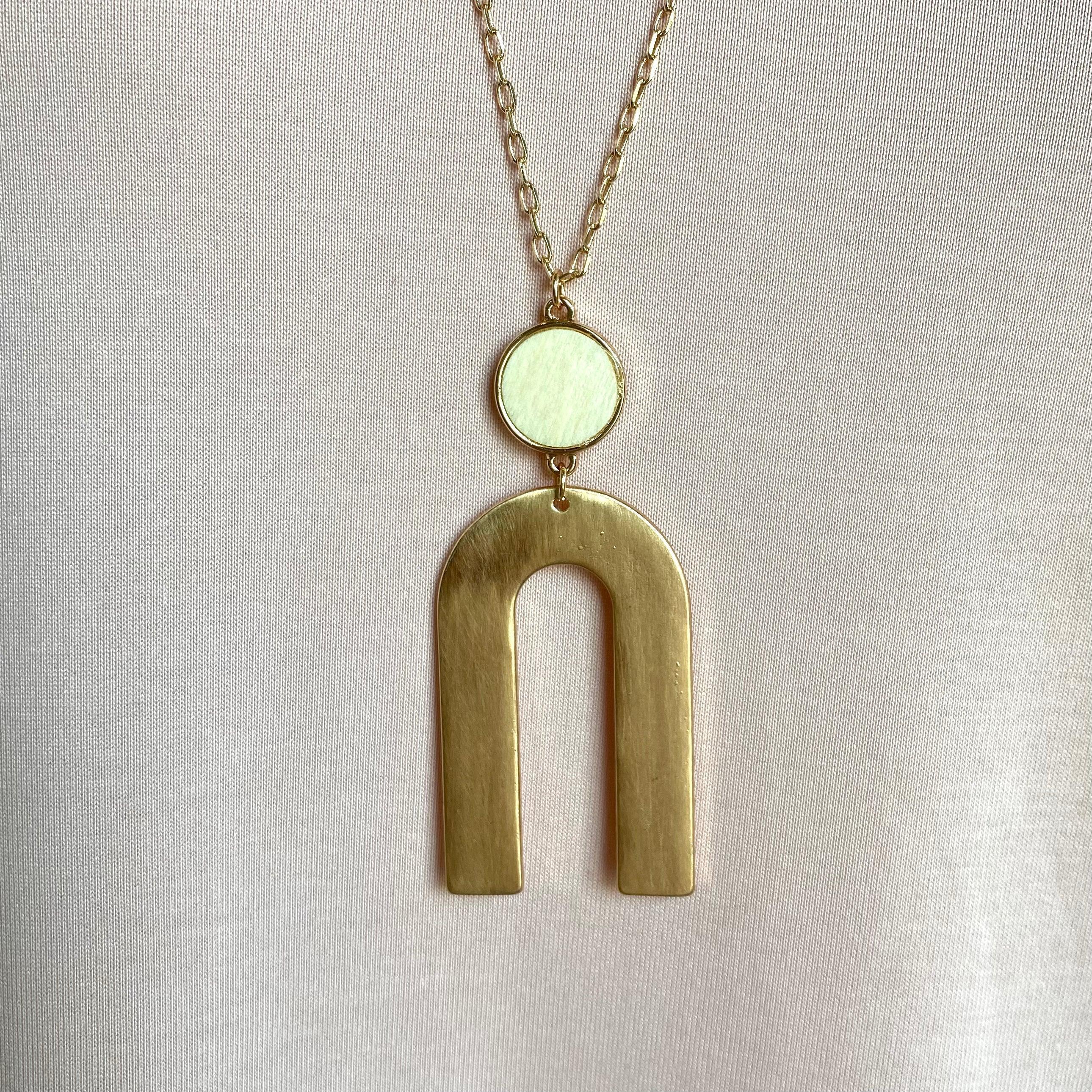 Ivory Round Wood and Gold U Link Long Necklace - Karadise Boutique