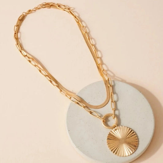 Luna Layered Chain Necklace with Textured Pendant - Karadise Boutique