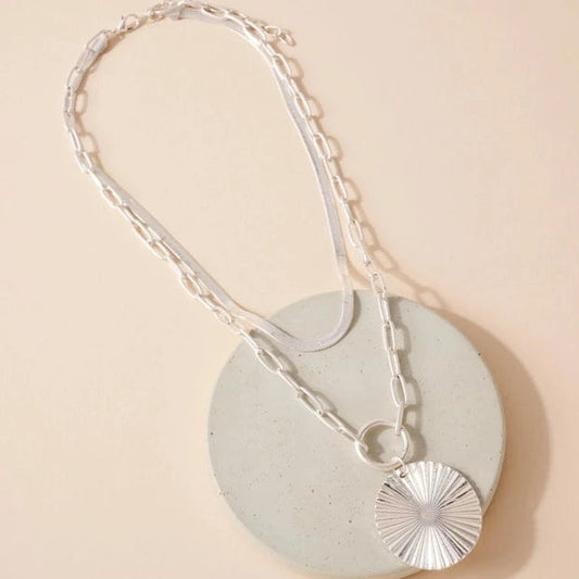 Luna Layered Chain Necklace with Textured Pendant - Karadise Boutique