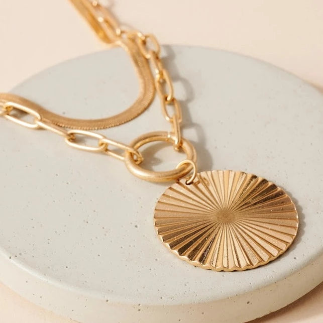 Luna Layered Chain Necklace with Textured Pendant - Karadise Boutique